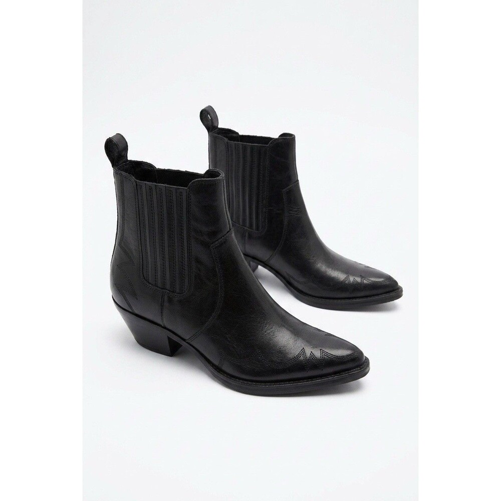 Zara Black Leather Stitched Cowboy Ankle Boots Chelsea Western Size 38 US 7.5